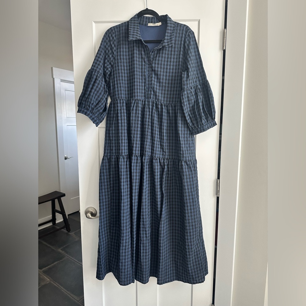 Leia & Co. Blue and Black Checkered Tiered Dress, size large